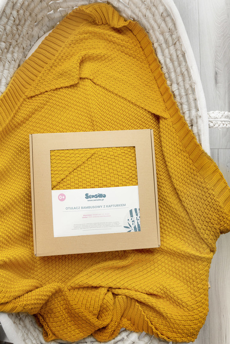 HOODED SWADDLE BLANKET 100% BAMBOO GIFT MUSTARD – Bild 4