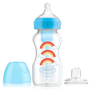 WB91605  9 oz/270 ml PP Wide-Neck Options+ Blue Rainbows Bottle w/ Sippy Spout (+L3 Nipple in Bottle), 1-Pack